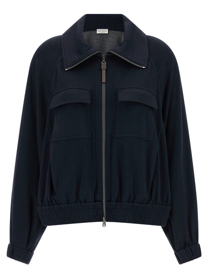 Bomber Jacket by Brunello Cucinelli for women in silk cotton & polyamide blue presents a effortlessly chic silhouette, showcasing a sophisticated high-neck neckline and premium pockets for a truly effortlessly chic finish.