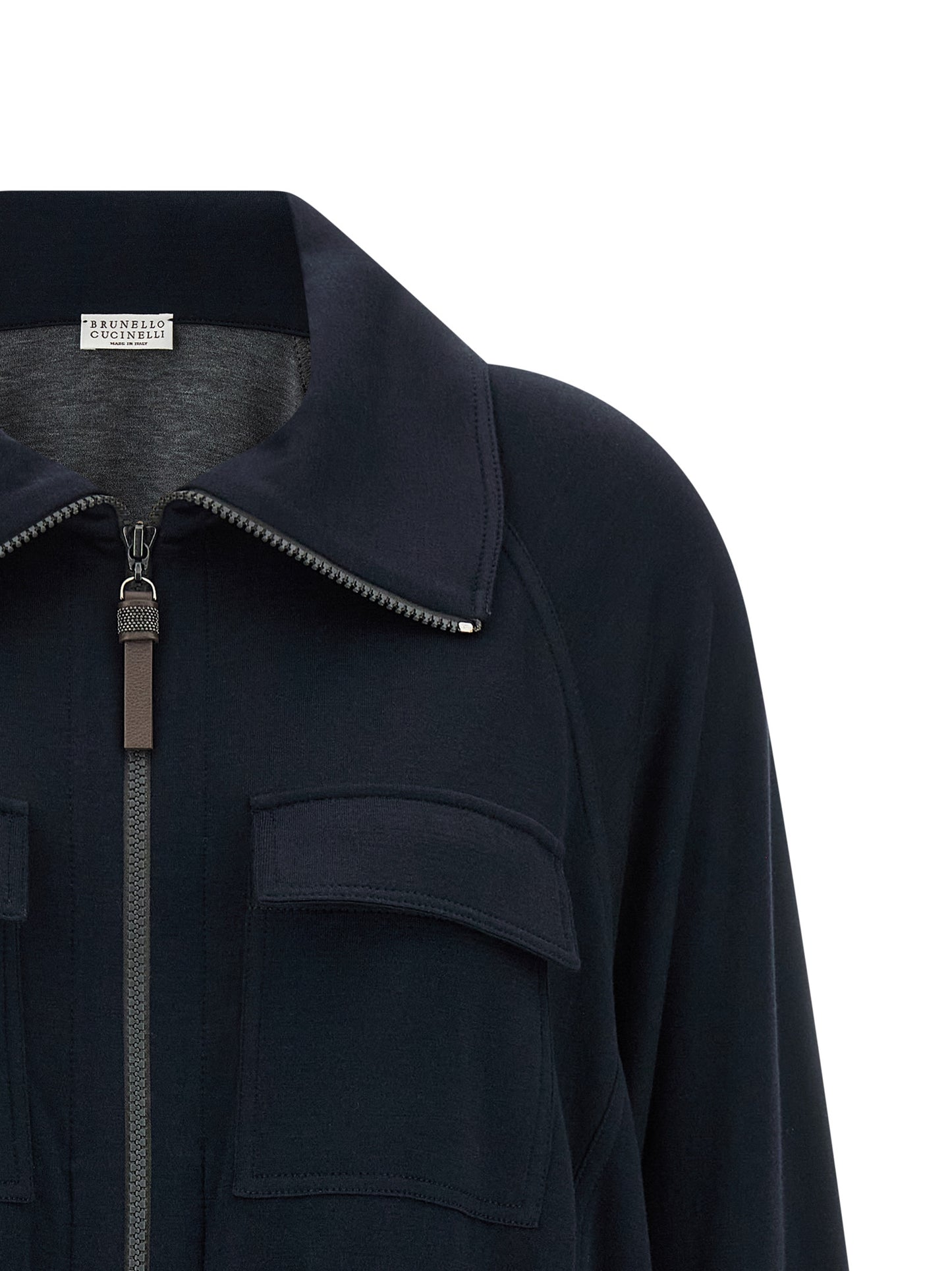 Bomber Jacket by Brunello Cucinelli for women in silk cotton & polyamide blue showcases a bohemian silhouette, artfully detailed with a bohemian high-neck neckline and signature pockets for a truly bohemian finish.