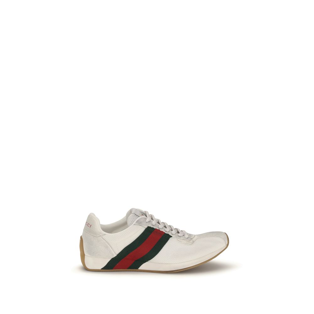 Athletic Sneakers by Gucci for women in polyester & bos taurus suede calf leather green, red & white presents a sleek silhouette, perfectly capturing the athletic style essence of Gg Women's Athletic Polyester & Bos Taurus Suede Calf Leather Sneakers with its sleek design and premium finish.