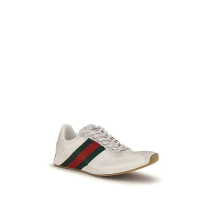 Athletic Sneakers by Gucci for women in polyester & bos taurus suede calf leather green, red & white showcases a architectural silhouette, artfully capturing the essence of the Gg Women's Athletic Polyester & Bos Taurus Suede Calf Leather Sneakers with its signature architectural athletic style construction.