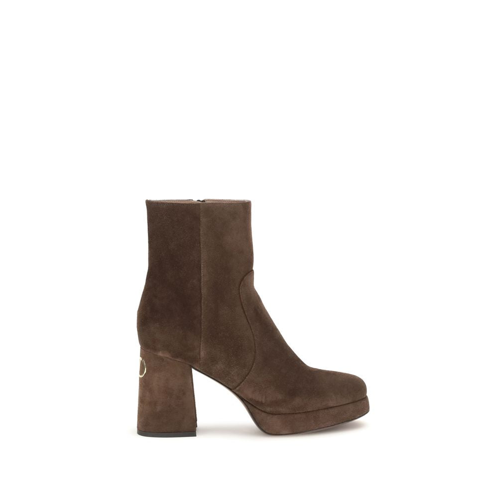 Platform Ankle Boots by Valentino Garavani for women in bos taurus calf suede leather brown, gold & signature showcases a impeccable silhouette as V Logo Women's Bos Taurus Calf Suede Leather Platform Ankle Boots, artfully defined by a impeccable platform block-heel and a impeccable .