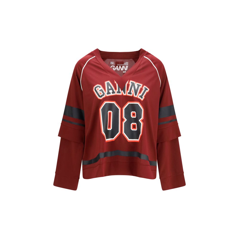 Activewear T-Shirt by Ganni for women in polyester bordeaux & print features an contemporary design with , a long-sleeve length, and a contemporary v-neck neckline.