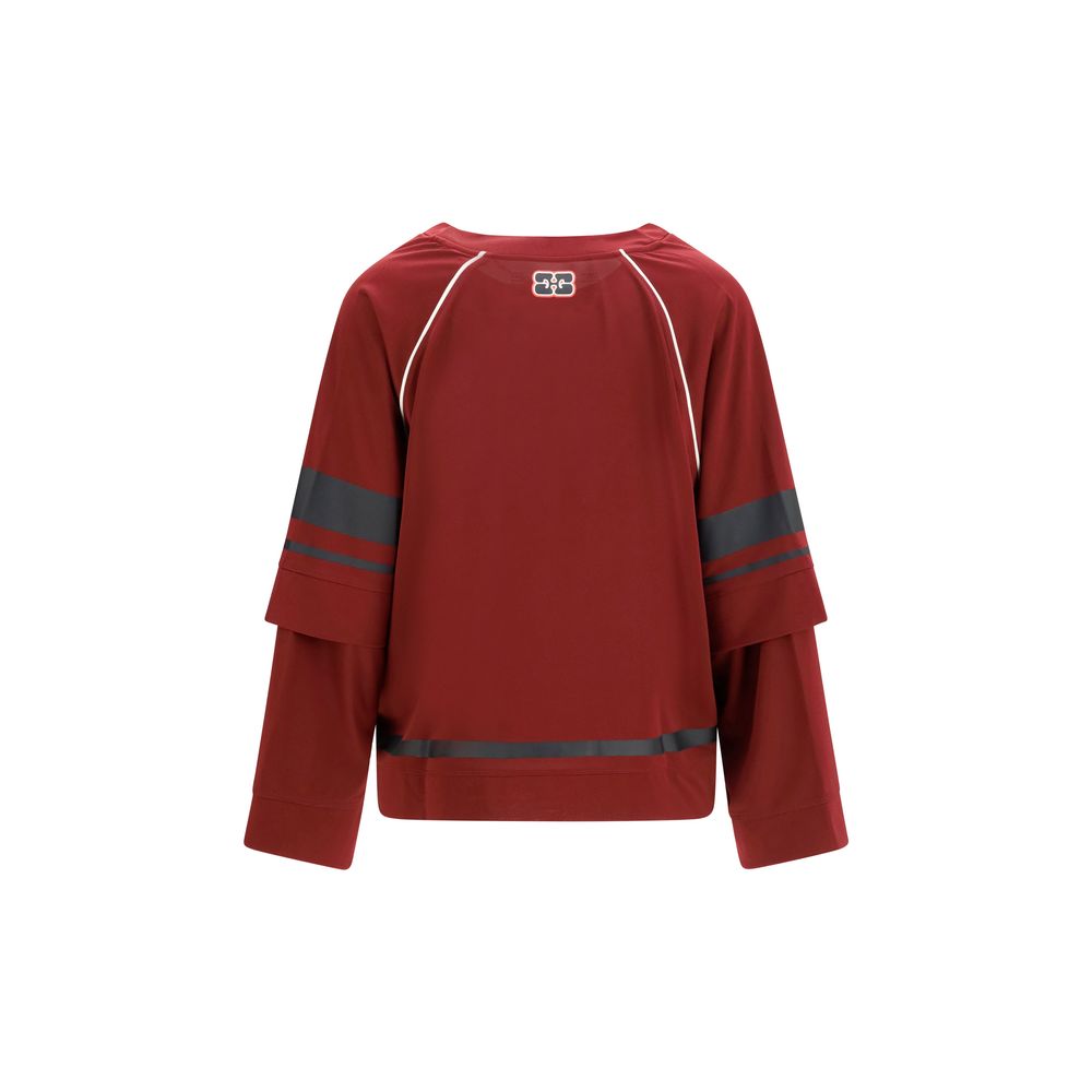 Activewear T-Shirt by Ganni for women in polyester bordeaux & print features a versatile silhouette, showcasing a versatile v-neck neckline and detailed with high-performance for a premium look.