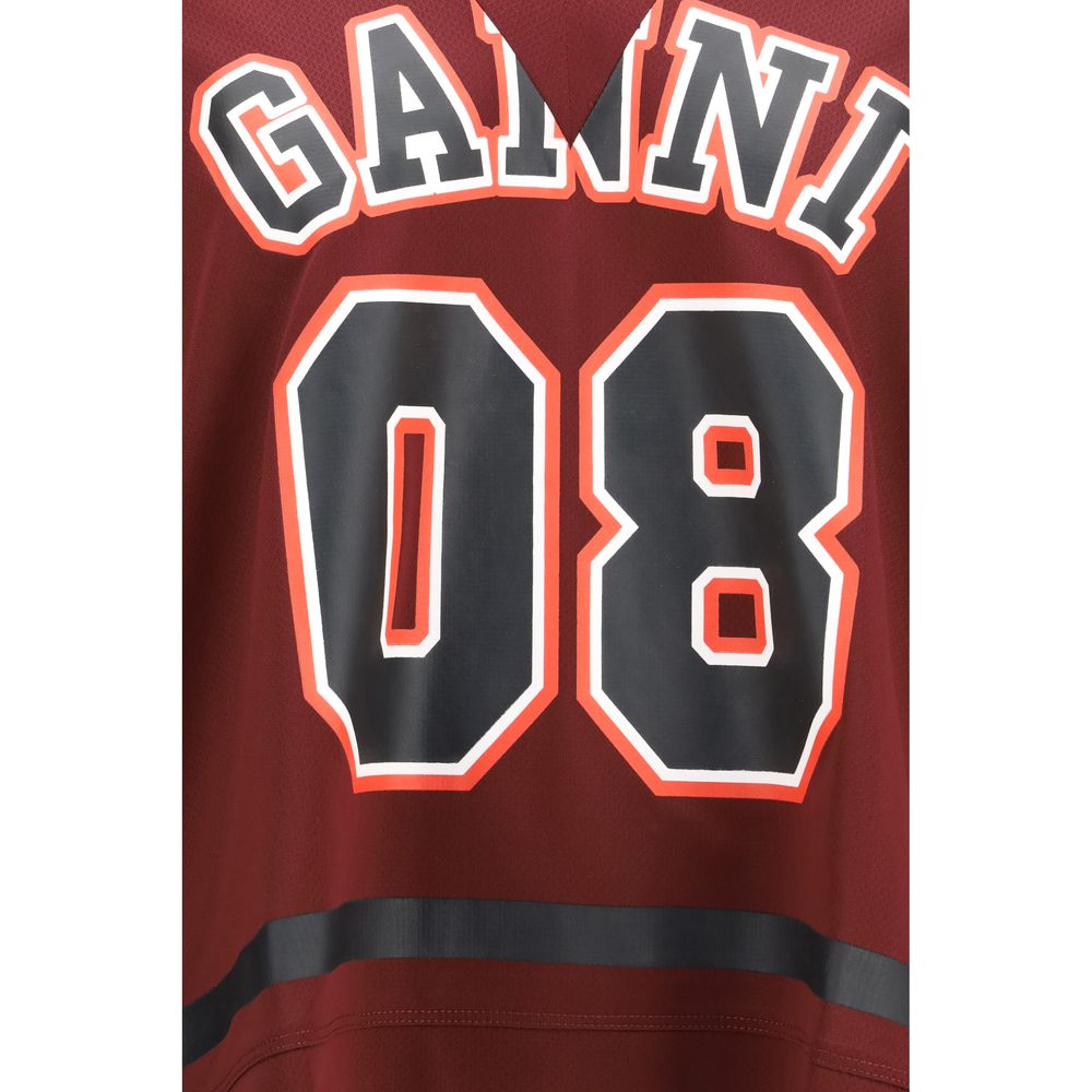 Activewear T-Shirt by Ganni for women in polyester bordeaux & print presents a kinetic silhouette, showcasing the kinetic and alongside functional for a premium, athletic look.