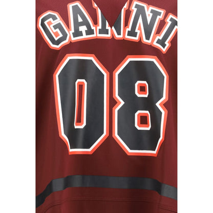 Activewear T-Shirt by Ganni for women in polyester bordeaux & print presents a kinetic silhouette, showcasing the kinetic and alongside functional for a premium, athletic look.