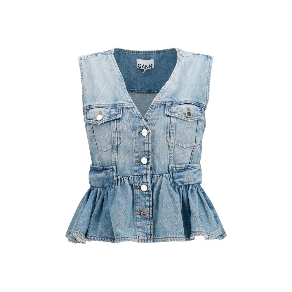Trucker Jacket by Ganni for women in denim cotton blue features a city-ready silhouette, detailed with lightweight & pockets and a city-ready v-neck neckline.