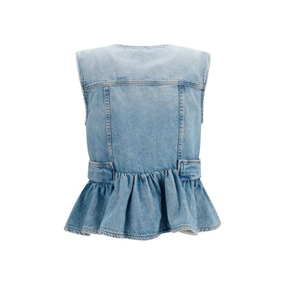 Trucker Jacket by Ganni for women in denim cotton blue features an contemporary silhouette, showcasing a sophisticated v-neck neckline and contemporary lightweight & pockets for a truly refined look.