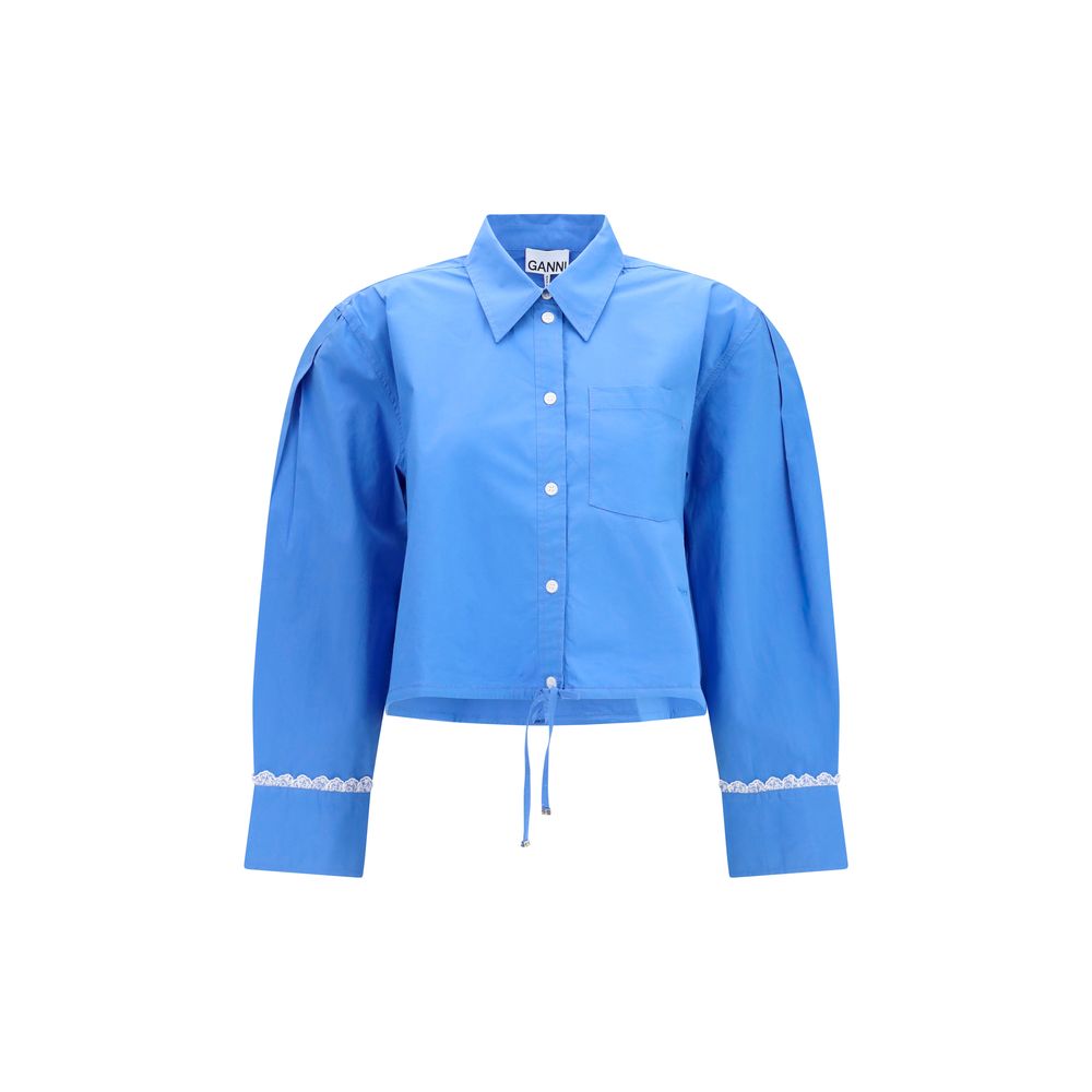 Shirt by Ganni for women in stretch cotton blue & patterned features an architectural silhouette with a refined long-sleeve and elegant for a architectural look.