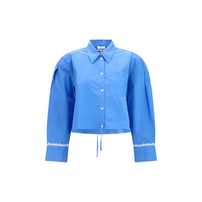 Shirt by Ganni for women in stretch cotton blue & patterned features an architectural silhouette with a refined long-sleeve and elegant for a architectural look.