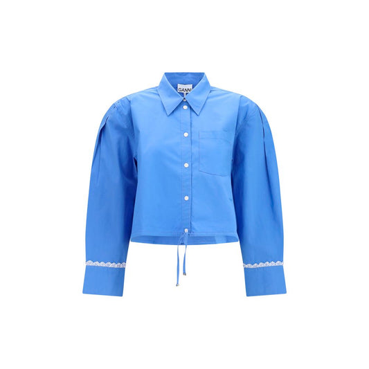 Shirt by Ganni for women in stretch cotton blue & patterned features an architectural silhouette with a refined long-sleeve and elegant for a architectural look.