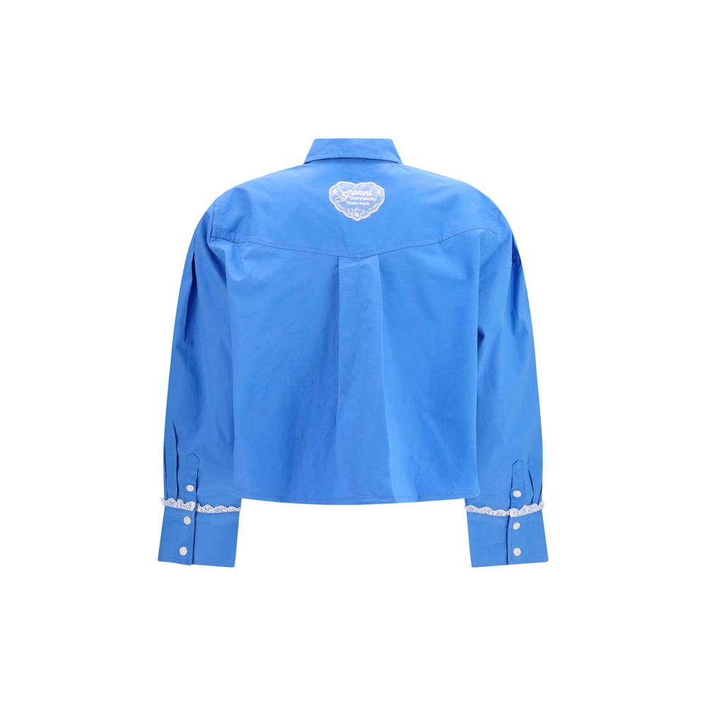 Shirt by Ganni for women in stretch cotton blue & patterned features an architectural silhouette with a refined and elegant for a architectural look.