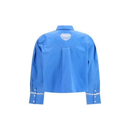 Shirt by Ganni for women in stretch cotton blue & patterned features an architectural silhouette with a refined and elegant for a architectural look.