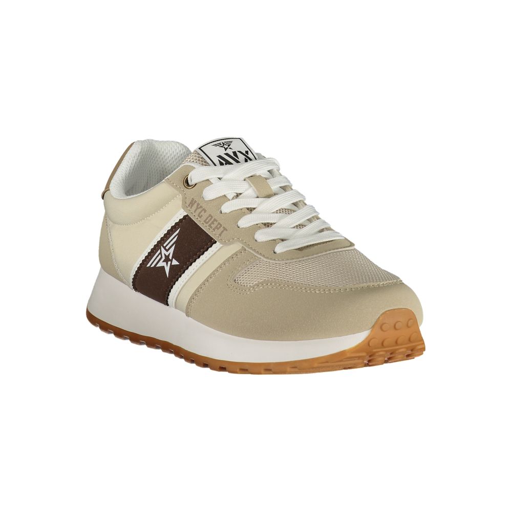 Athletic Sneakers by Avirex for men in polyester & polyurethane beige & brown features an architectural silhouette from the Men's Athletic Polyester & Polyurethane Sneakers collection, showcasing a architectural athletic style for a architectural look.