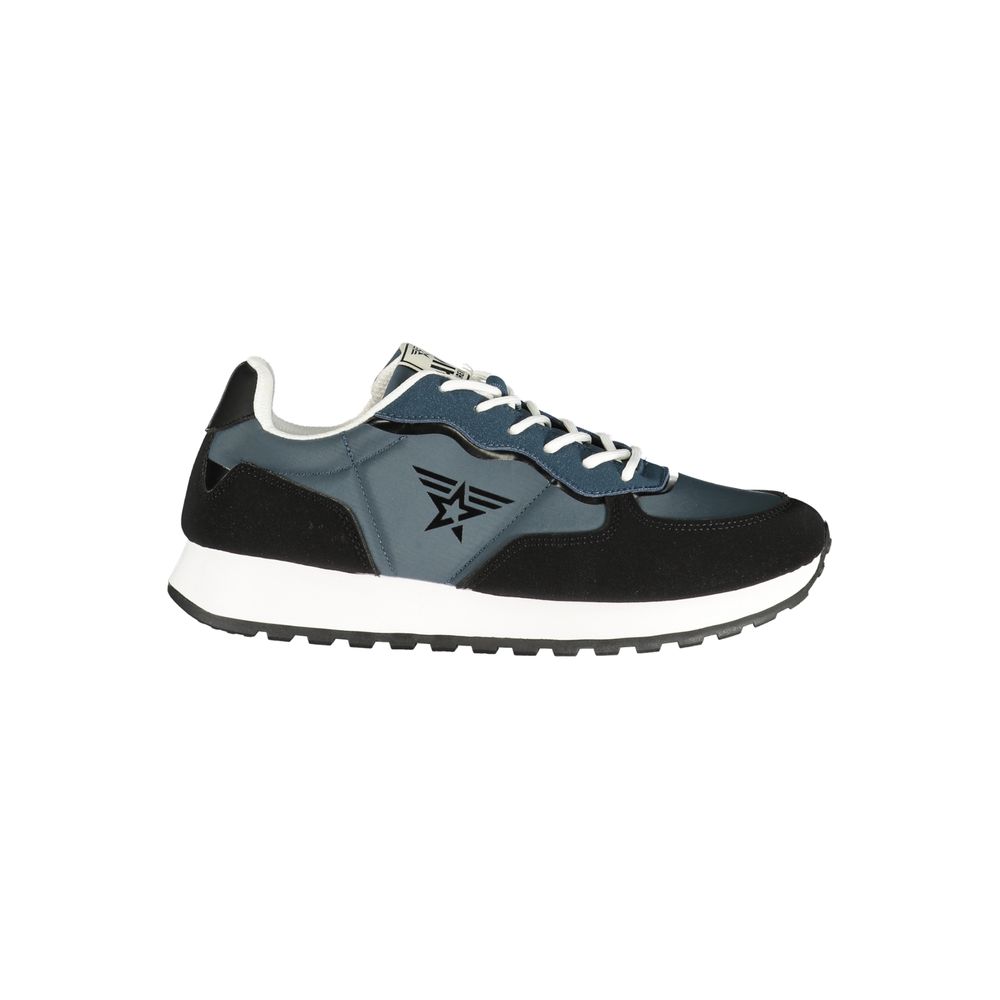 Athletic Sneakers by Avirex for men in polyester & polyurethane black & blue features an architectural silhouette, showcasing the premium athletic style of the Men's Athletic Polyester & Polyurethane Sneakers with an architectural finish.