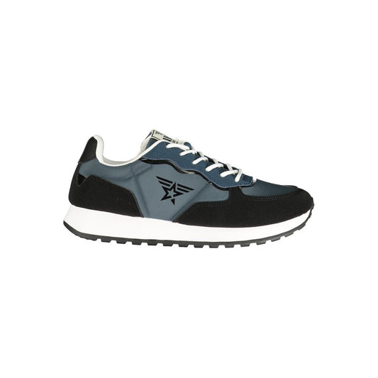 Athletic Sneakers by Avirex for men in polyester & polyurethane black & blue features an architectural silhouette, showcasing the premium athletic style of the Men's Athletic Polyester & Polyurethane Sneakers with an architectural finish.