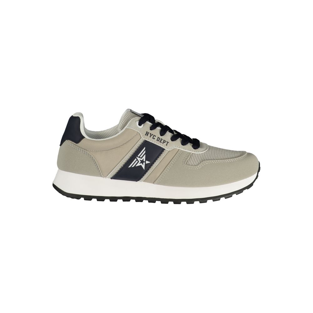 Athletic Sneakers by Avirex for men in polyester & polyurethane beige & blue features an architectural silhouette, showcasing the premium athletic style of the Men's Athletic Polyester & Polyurethane Sneakers with an architectural finish.