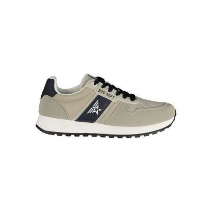 Athletic Sneakers by Avirex for men in polyester & polyurethane beige & blue features an architectural silhouette, showcasing the premium athletic style of the Men's Athletic Polyester & Polyurethane Sneakers with an architectural finish.