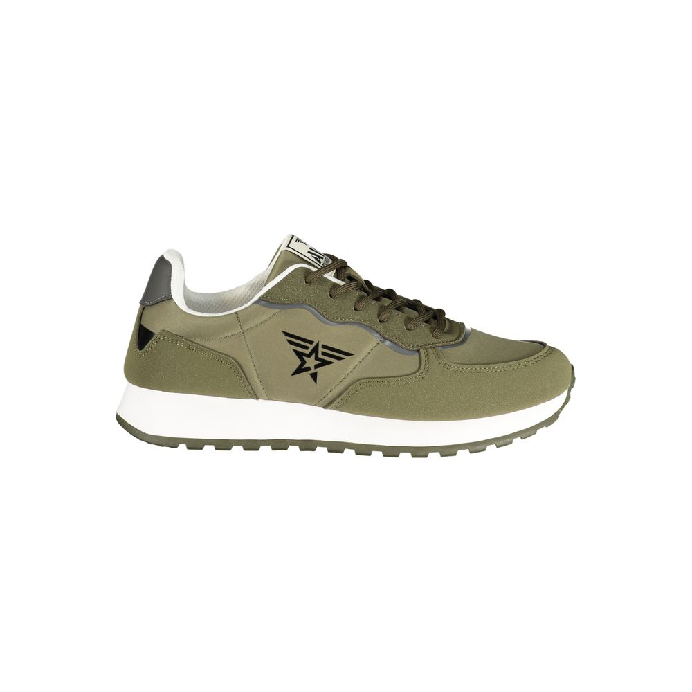 Athletic Sneakers by Avirex for men in polyester & polyurethane gray, green & signature features an architectural silhouette from the Men's Athletic Polyester & Polyurethane Sneakers collection, showcasing a architectural athletic style for a architectural look.