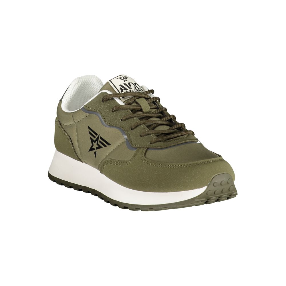 Athletic Sneakers by Avirex for men in polyester & polyurethane gray, green & signature features an architectural silhouette, showcasing the premium athletic style of the Men's Athletic Polyester & Polyurethane Sneakers with an architectural finish.