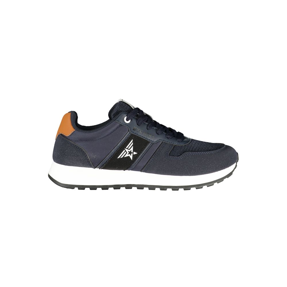 Athletic Sneakers by Avirex for men in polyester & polyurethane black, blue & brown features an architectural silhouette from the Men's Athletic Polyester & Polyurethane Sneakers collection, showcasing a architectural athletic style for a architectural look.