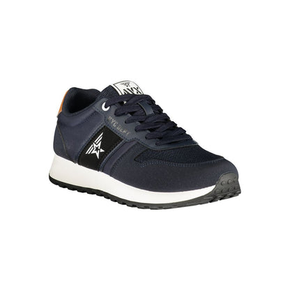 Athletic Sneakers by Avirex for men in polyester & polyurethane black, blue & brown showcases a architectural silhouette, artfully capturing the essence of the Men's Athletic Polyester & Polyurethane Sneakers with its signature architectural athletic style construction.