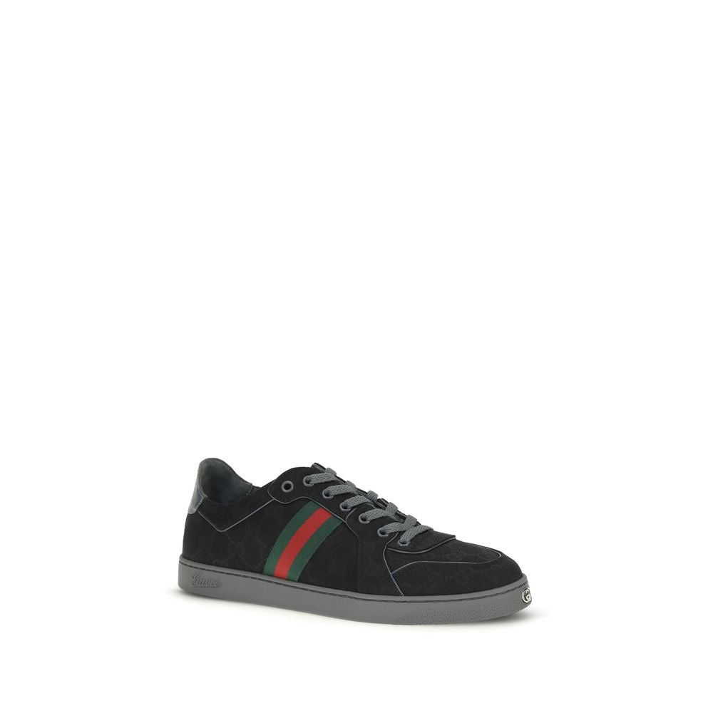 Athletic Sneakers by Gucci for men in rubber & fabric black, signature & striped showcases a architectural silhouette, artfully capturing the essence of the Gg Men's Athletic Rubber & Fabric Sneakers with its signature architectural athletic style construction.
