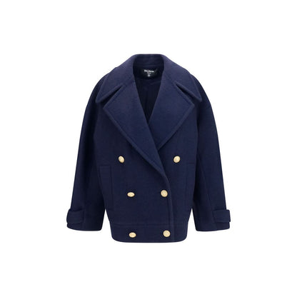 Overcoat by Balmain for women in merino wool blue & gold showcases a enveloping silhouette, detailed with distinctive and a enveloping v-neck lapel peak-lapel neckline.