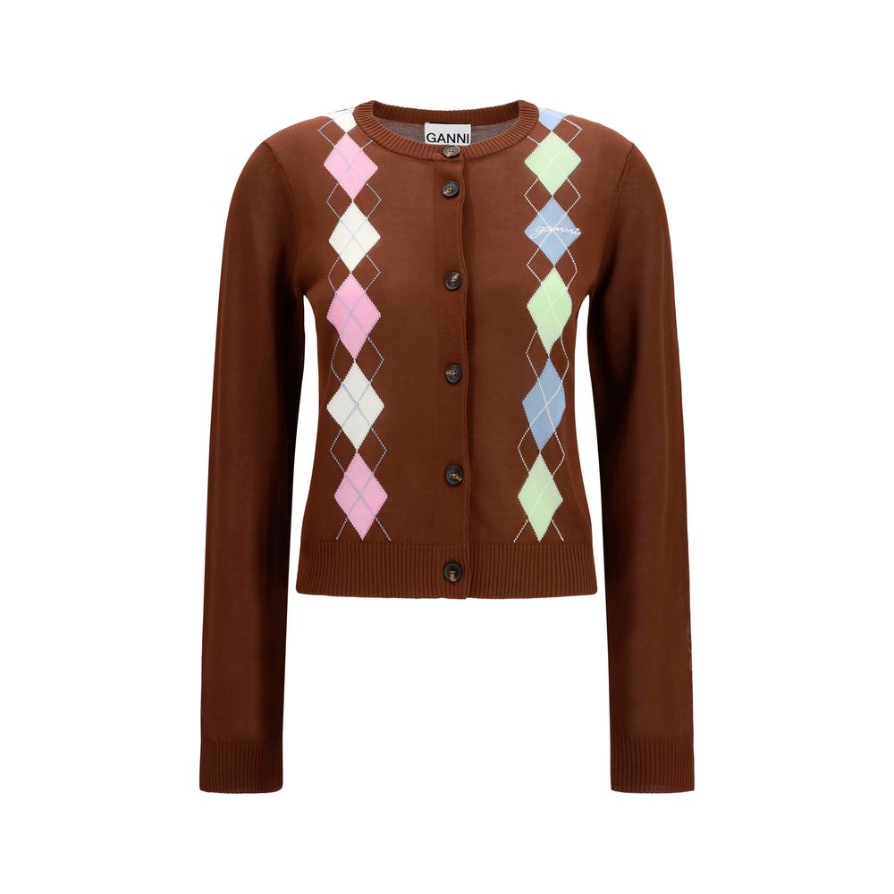 Cardigan by Ganni for women in cotton brown & patterned features a dramatic silhouette, showcasing a sophisticated round neckline and dramatic long-sleeve detail for a timeless, premium look.