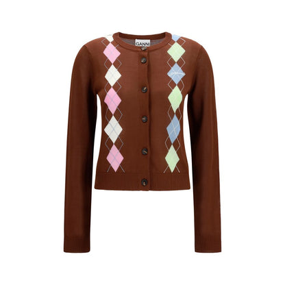 Cardigan by Ganni for women in cotton brown & patterned features a dramatic silhouette, showcasing a sophisticated round neckline and dramatic long-sleeve detail for a timeless, premium look.