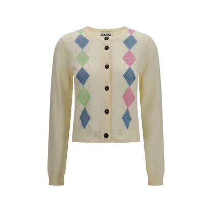 Cardigan by Ganni for women in cotton beige & patterned features an impeccable silhouette, showcasing a sophisticated round neckline and long-sleeve detail for a truly impeccable finish.