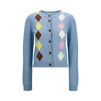 Cardigan by Ganni for women in cotton blue & patterned features a dramatic silhouette, showcasing a sophisticated round neckline and dramatic long-sleeve detail for a timeless, premium look.