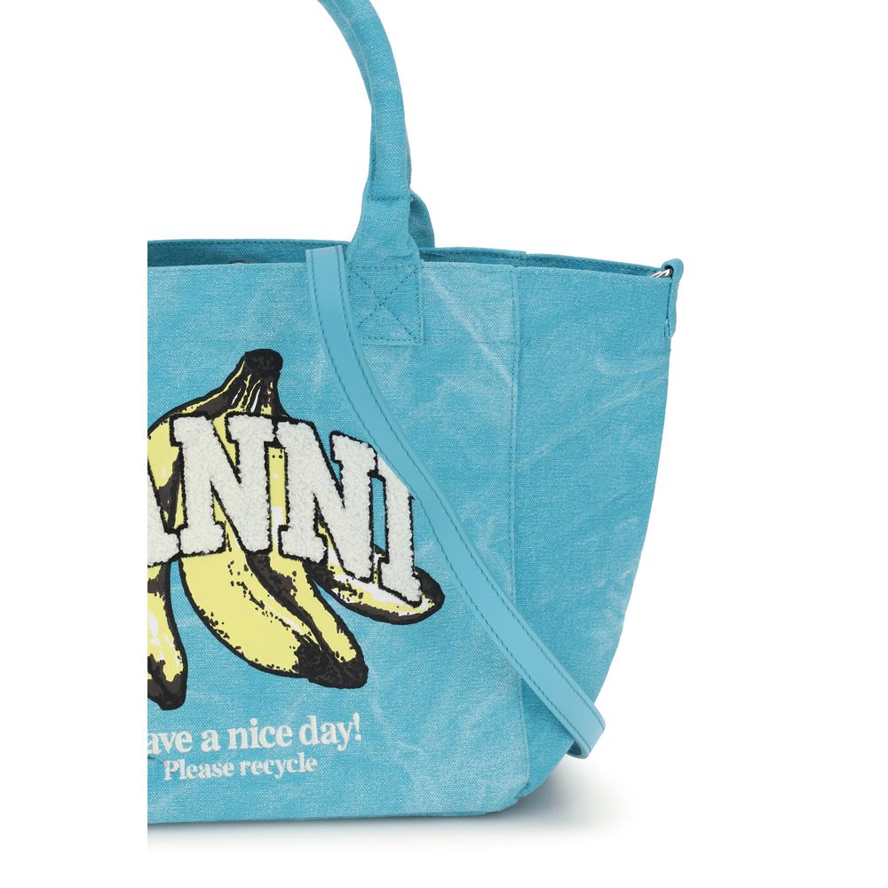 Ganni Cotton Shoulder Tote Bag - Blue Print