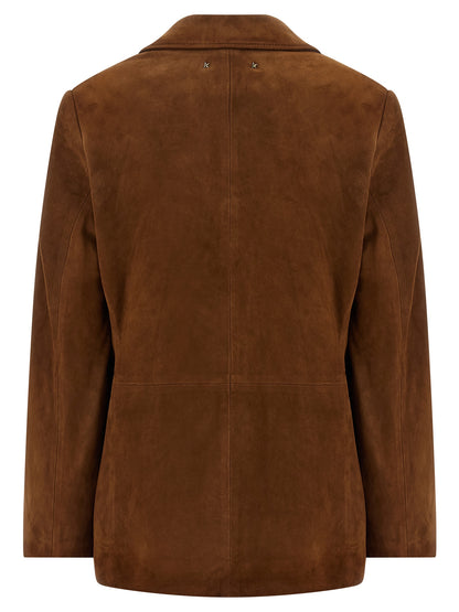 This Blazer by Golden Goose for women in suede lamb-sheep leather brown & signature presents a tailored silhouette, meticulously tailored with a tailored and distinctive for a tailored finish.