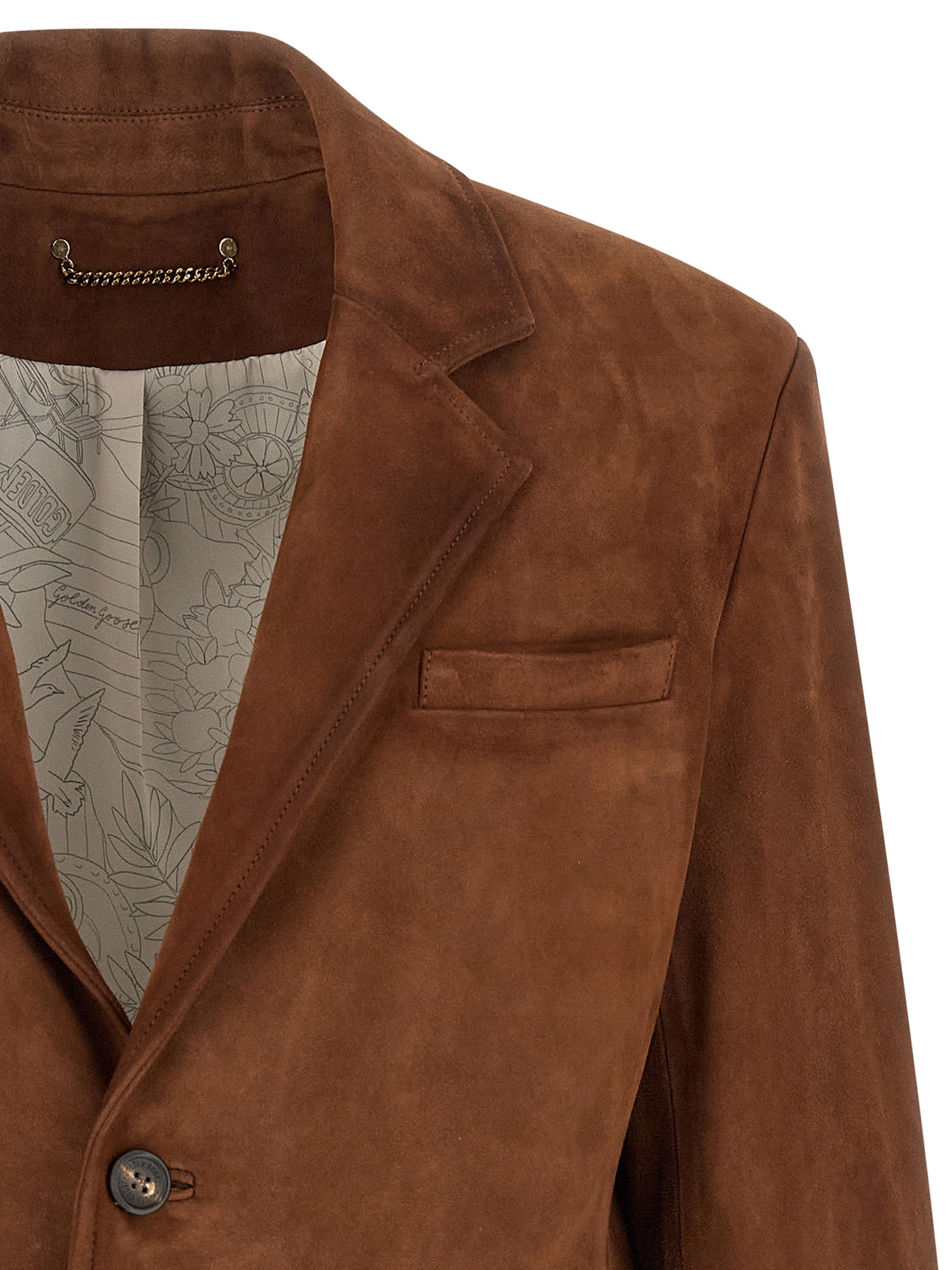 Blazer by Golden Goose for men in suede lamb-sheep leather brown presents a distinguished silhouette, detailed with a distinguished lapel neckline and distinctive for a truly sophisticated finish.
