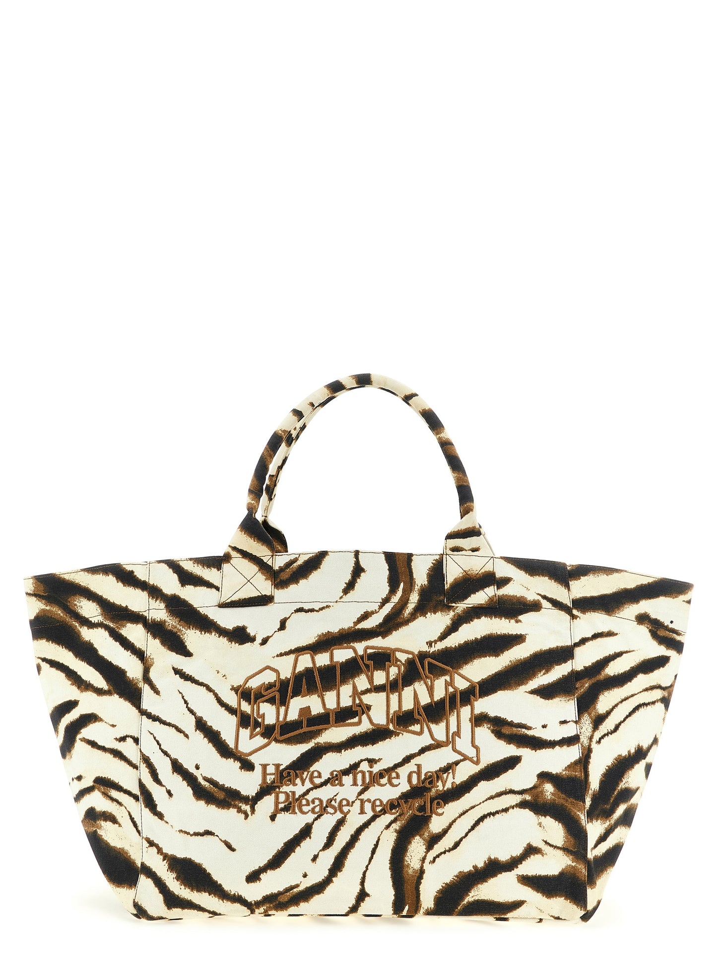 Shopper Tote Bag by Ganni for women in cotton beige, brown, zebra & print features an jet-setting Cotton Shopper Tote Bag design with a secure , jet-setting , and versatile handle for a jet-setting look.
