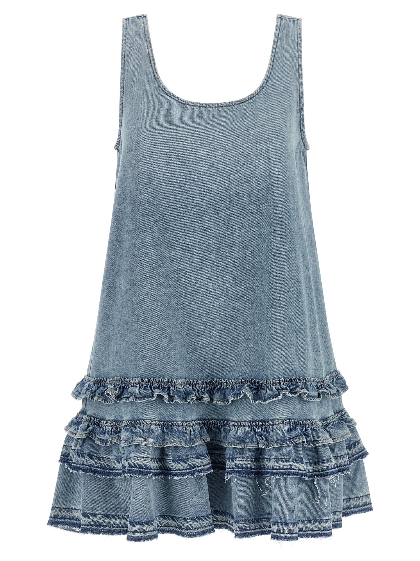 Dress by Ganni for women in organic cotton denim light-blue & signature features an sultry silhouette defined by a round neckline and sleeveless, falling to an sultry short mini for a sultry look.