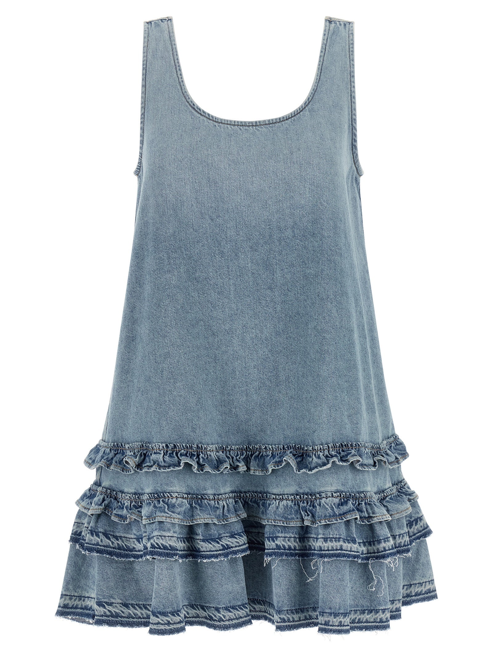 Dress by Ganni for women in organic cotton denim light-blue & signature features an sultry silhouette defined by a round neckline and sleeveless, falling to an sultry short mini for a sultry look.