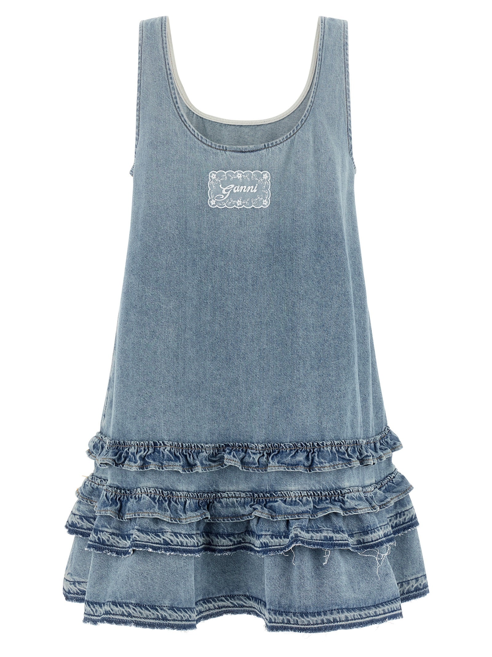 Dress by Ganni for women in organic cotton denim light-blue & signature features an cute silhouette, detailed with a and round neckline that elegantly flows into a cute short mini.