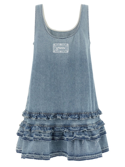 Dress by Ganni for women in organic cotton denim light-blue & signature features an cute silhouette, detailed with a and round neckline that elegantly flows into a cute short mini.