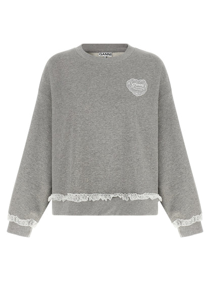 Activewear Sweatshirt by Ganni for women in organic cotton gray presents a sporty silhouette, showcasing a sophisticated round neckline and detailed with premium for a sporty finish.