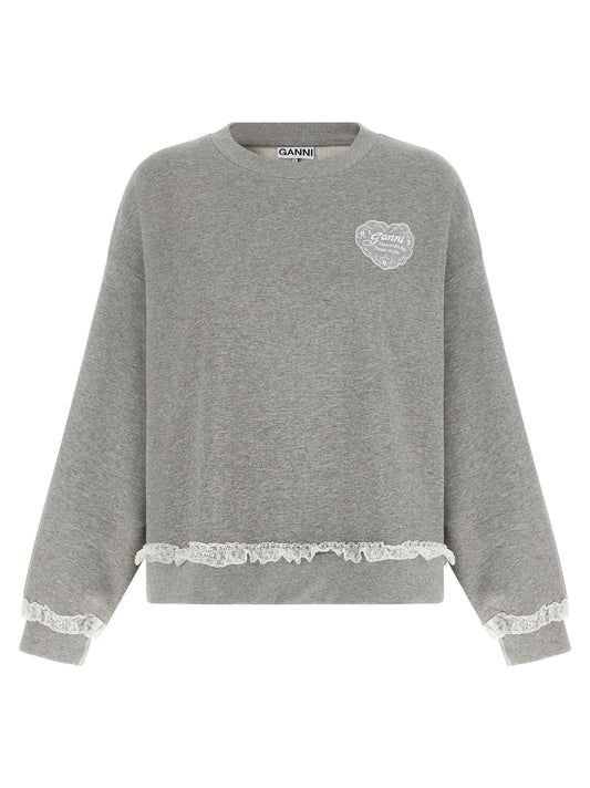 Activewear Sweatshirt by Ganni for women in organic cotton gray presents a sporty silhouette, showcasing a sophisticated round neckline and detailed with premium for a sporty finish.
