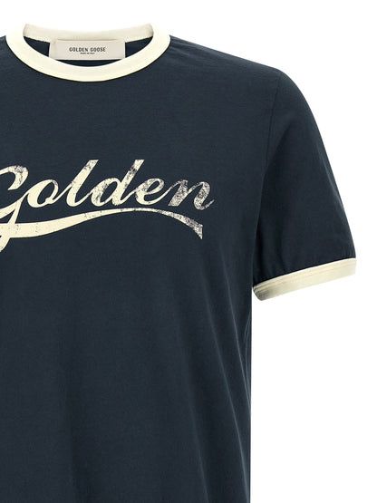 T-Shirt by Golden Goose for men in cotton blue & print showcases a dramatic silhouette, elegantly detailed with a dramatic crew neckline and for a truly dramatic finish.