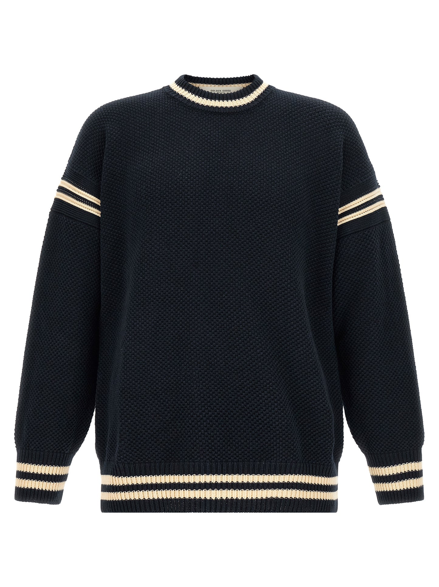 Cardigan by Golden Goose for men in cotton blue showcases a captivating silhouette, artfully detailed with a captivating long-sleeve and crew neckline for a truly sophisticated captivating look.