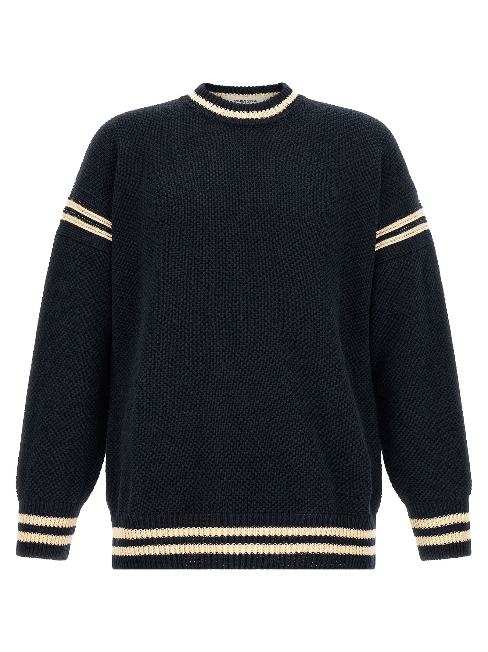 Cardigan by Golden Goose for men in cotton blue showcases a captivating silhouette, artfully detailed with a captivating long-sleeve and crew neckline for a truly sophisticated captivating look.