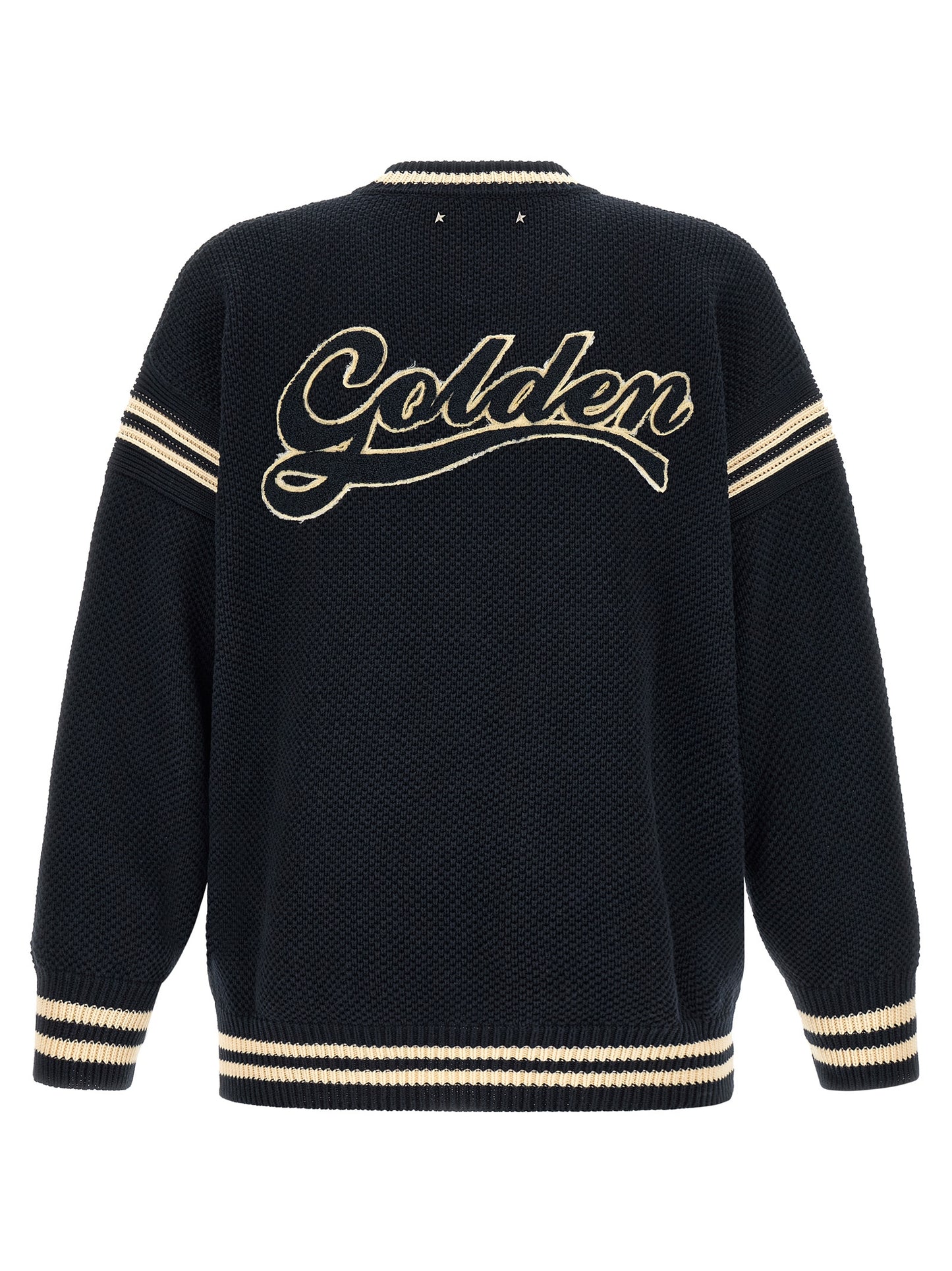 Cardigan by Golden Goose for men in cotton blue presents a textural silhouette, artfully finished with a textural crew neckline and for a sophisticated, textural look.