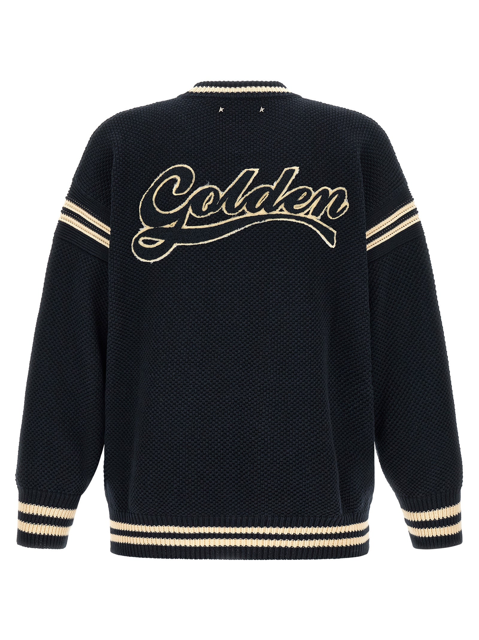 Cardigan by Golden Goose for men in cotton blue presents a textural silhouette, artfully finished with a textural crew neckline and for a sophisticated, textural look.