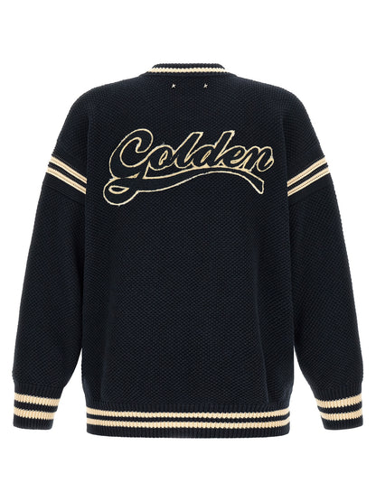 Cardigan by Golden Goose for men in cotton blue presents a textural silhouette, artfully finished with a textural crew neckline and for a sophisticated, textural look.