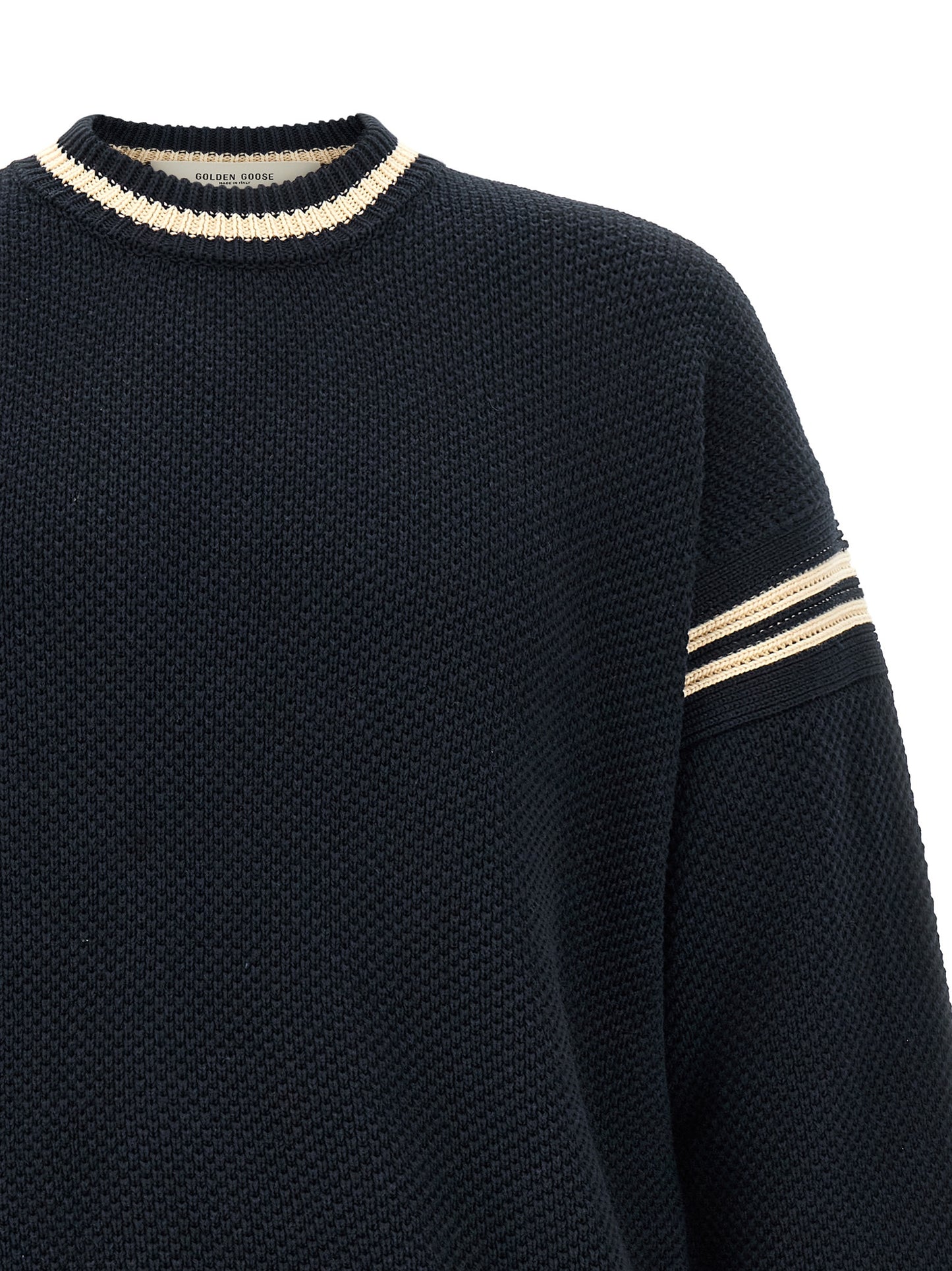 Cardigan by Golden Goose for men in cotton blue features a dramatic silhouette, showcasing a sophisticated crew neckline and dramatic detail for a timeless, premium look.