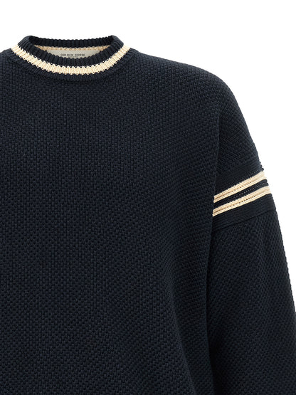 Cardigan by Golden Goose for men in cotton blue features a dramatic silhouette, showcasing a sophisticated crew neckline and dramatic detail for a timeless, premium look.