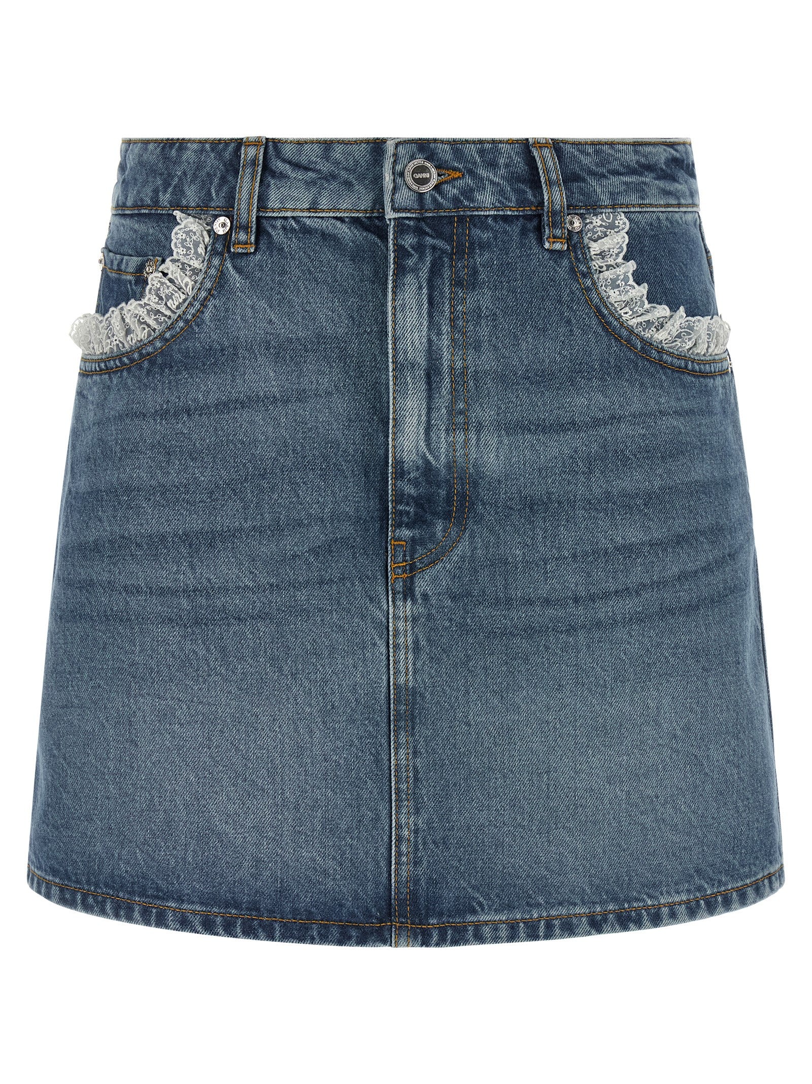 Skirt by Ganni for women in denim cotton blue, brown & white showcases a dramatic silhouette, artfully capturing the essence of the Women's Denim Cotton Skirt in a dramatic mini long cut for a refined look.